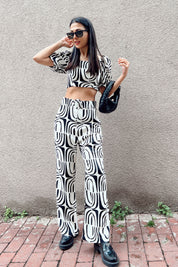 Ekru Desenli Sırt Detaylı Bluz ve Kemerli Pantolon Takım SY-0326-Ekru