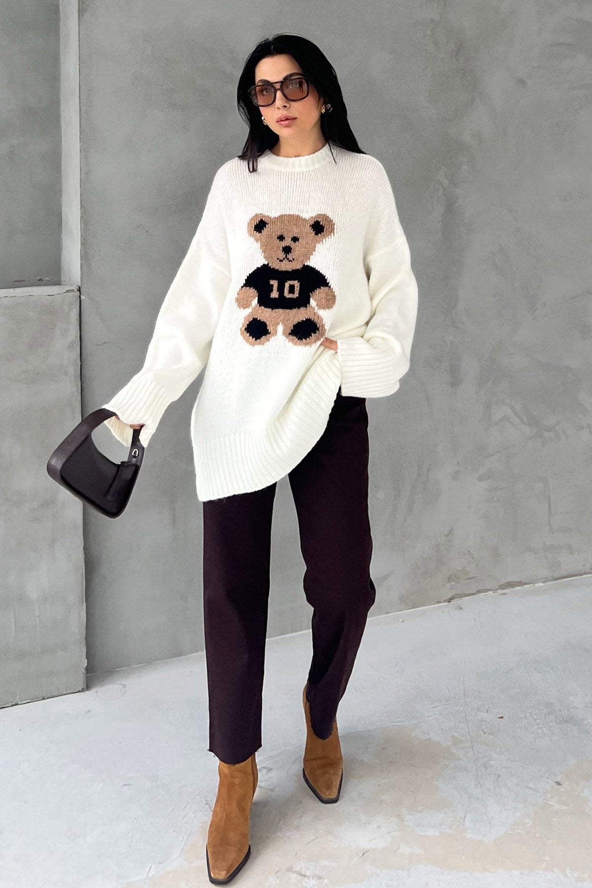 Ekru Teddy Bear Nakışlı Triko Kazak SY-2831-Ekru