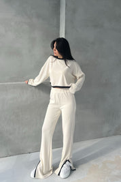 Krem Fitilli Uzun Kollu Crop Pantolon Takım SY-2725-Krem