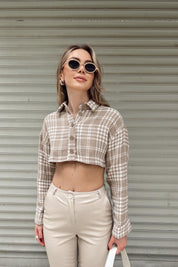 Bej Ekose Detaylı Crop Gömlek 2210182