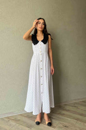 Beyaz Dantel Yaka Puantiyeli Tasarım Elbise SY-0638-Beyaz