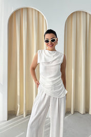 Beyaz Yaka Detaylı Asimetrik Kesim Bluz ve Pantolon Takım SY-3260-Beyaz