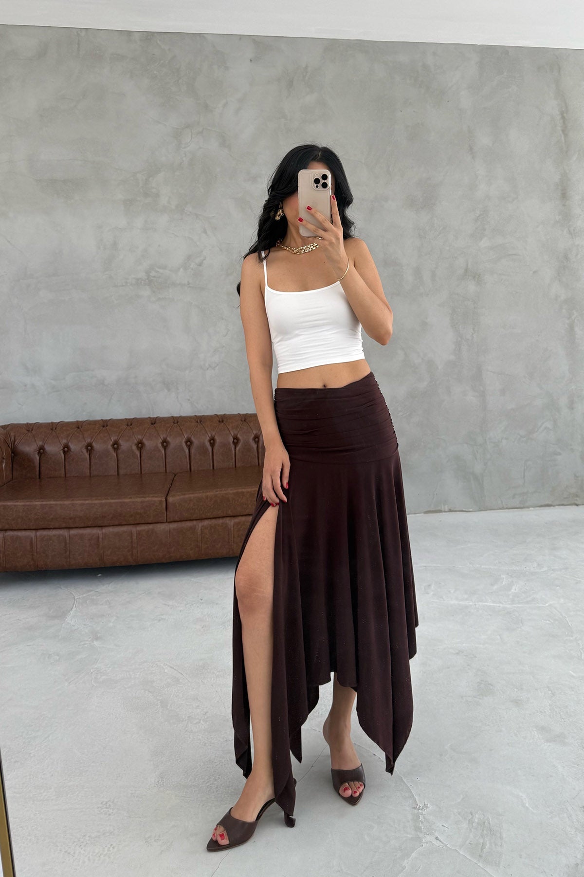 Büzgülü Asimetrik Kesim Kahve Manolya Etek SY-3269-Kahve