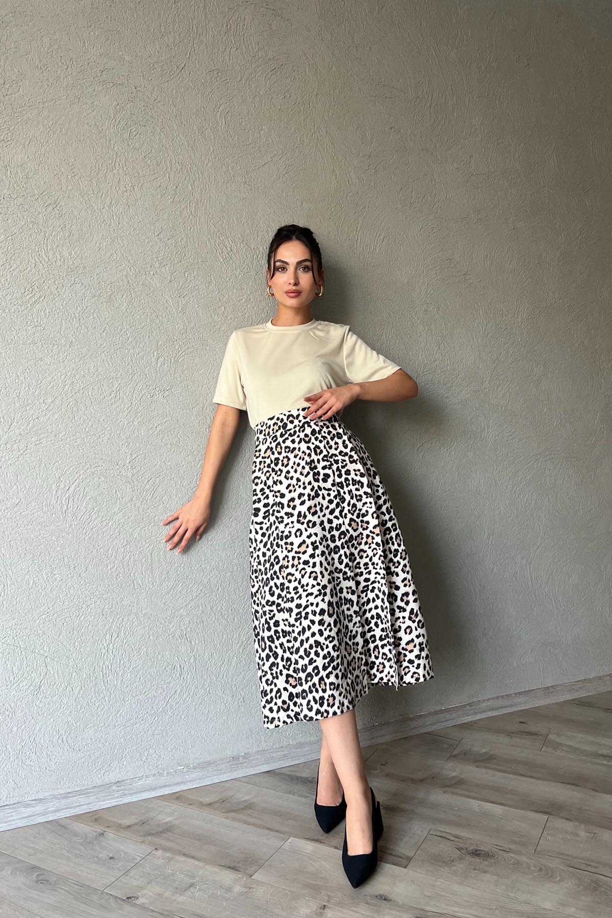Leopar Desenli Pile Detaylı Kloş Etek SY-1949-Leopar