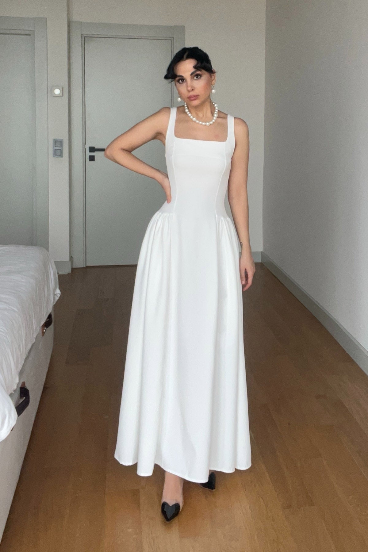 Beyaz Askılı Kare Yaka Paris Elbise SY-2980-Beyaz