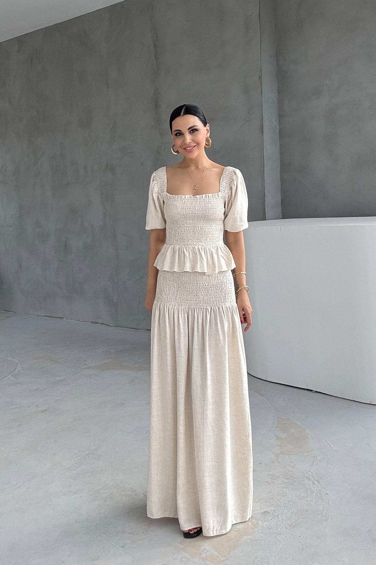 Taş Gipeli Keten Bluz ve Etek Takım SY-3238-Taş