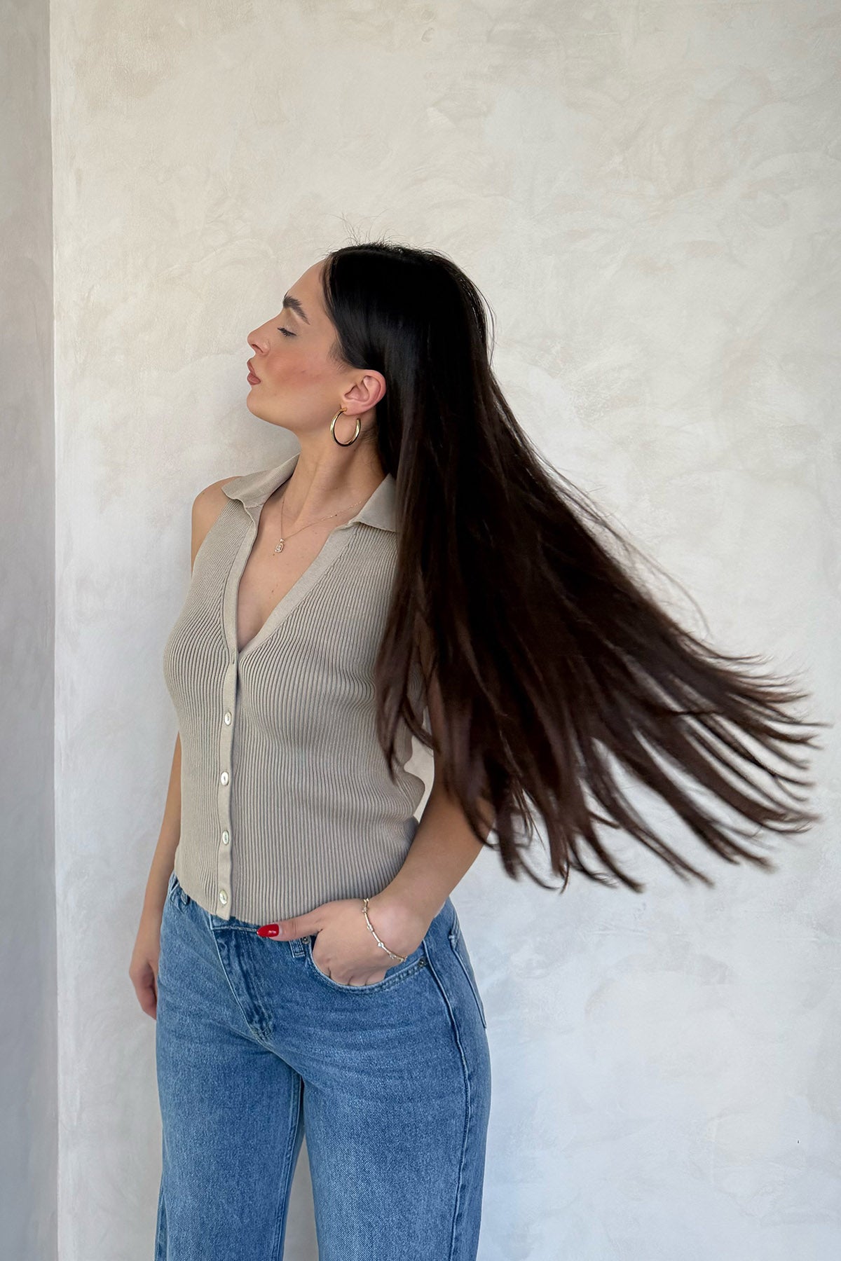 Bej Sya Polo Yaka Triko Yelek SY-3081-Bej