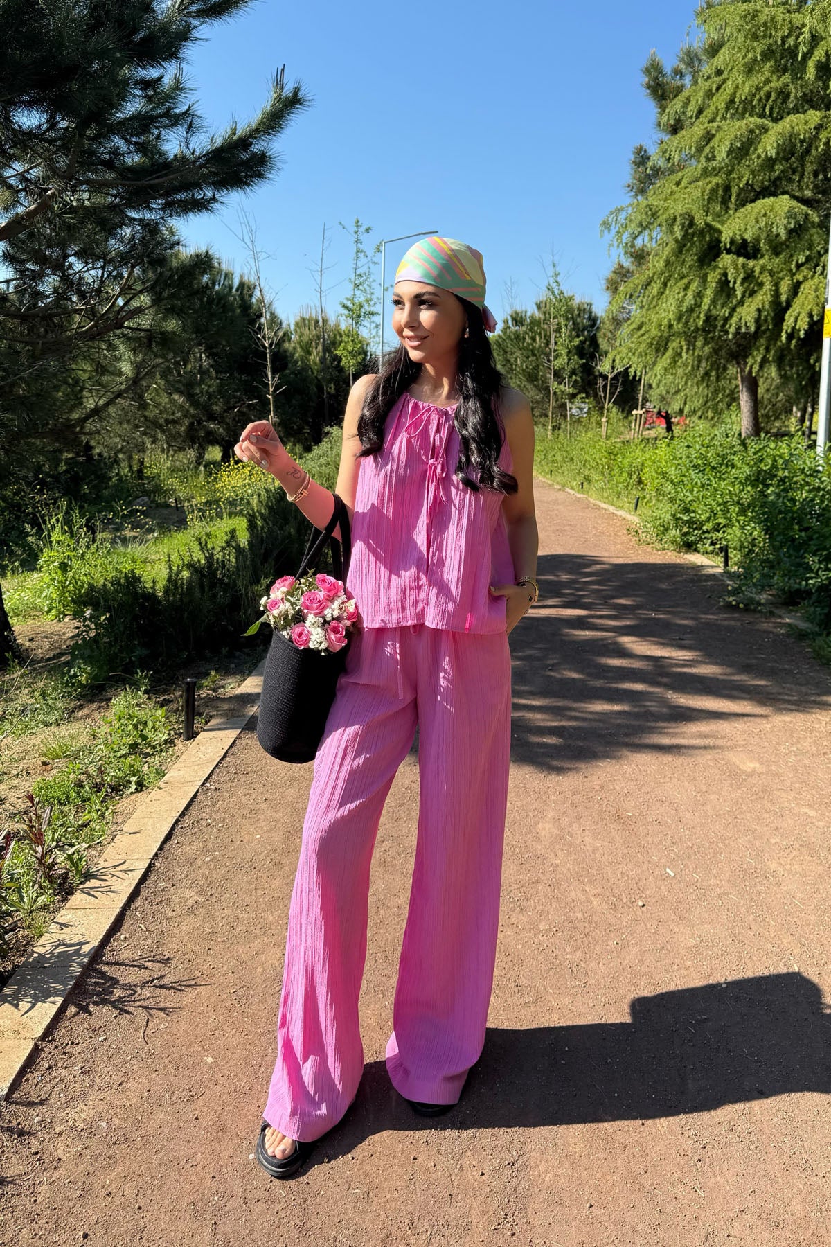 Pembe İp Askılı Bluz Pantolon Takım SY-2259-Pembe