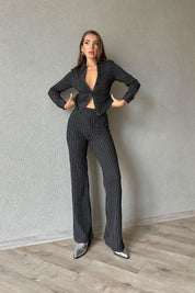 Siyah Çizgili Dokumalı Takım SY-1140-Siyah