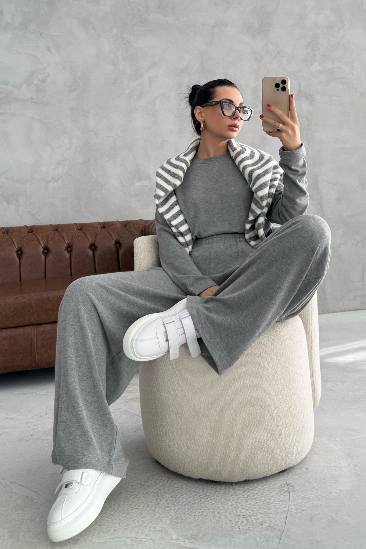 Gri Rahat Kesim Pile Detaylı Eşofman Alt Ve üst Takım SY-3435-Gri