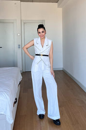 Ekru Keten Biyeli Yelek Ve Pantolon Takım SY-3021-Ekru