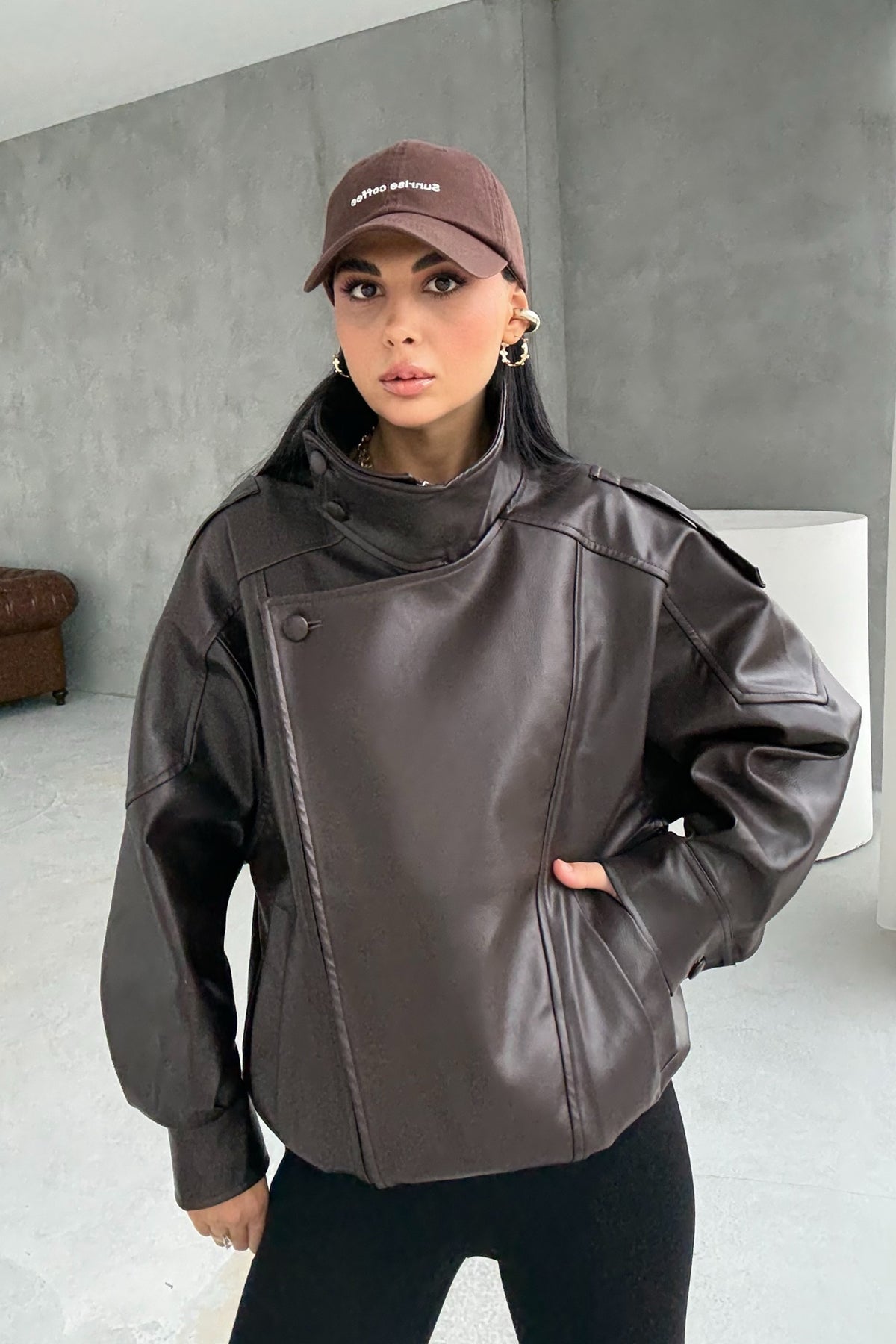 Dik Yaka Bamber Deri Ceket SY-3397-Acı Kahve