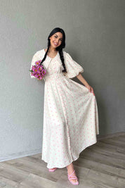 Pembe Puantiye Desenli Düğme Detaylı Balon Kol Elbise SY-1790-Pembe