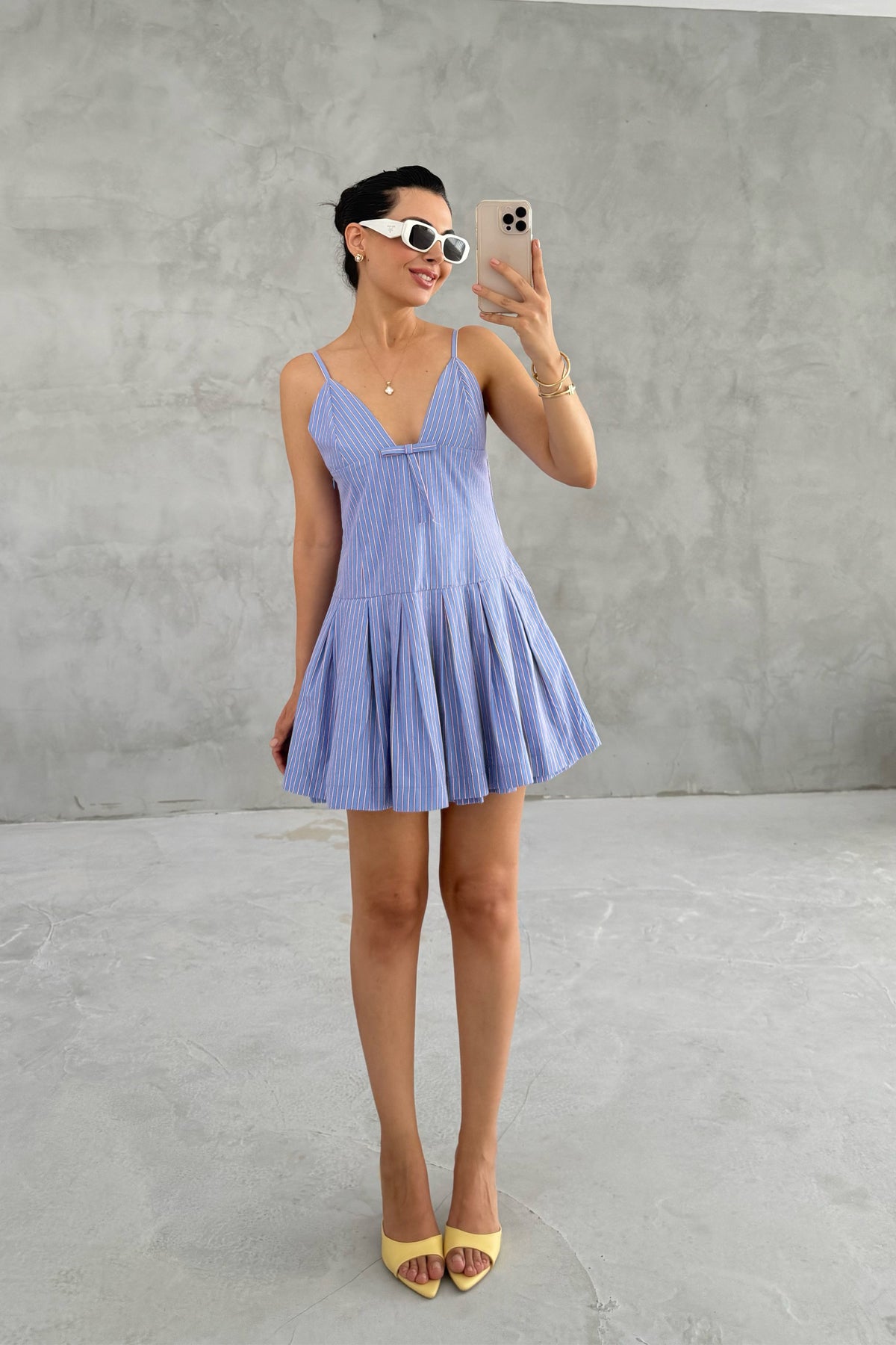 Mavi Fiyonk Detaylı Çizgili Askılı Mini Elbise SY-3253-Mavi