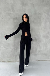 Siyah Büzgü Detaylı Uzun Kollu Bluz ve Salaş Pantolon Takım SY-2457-Siyah