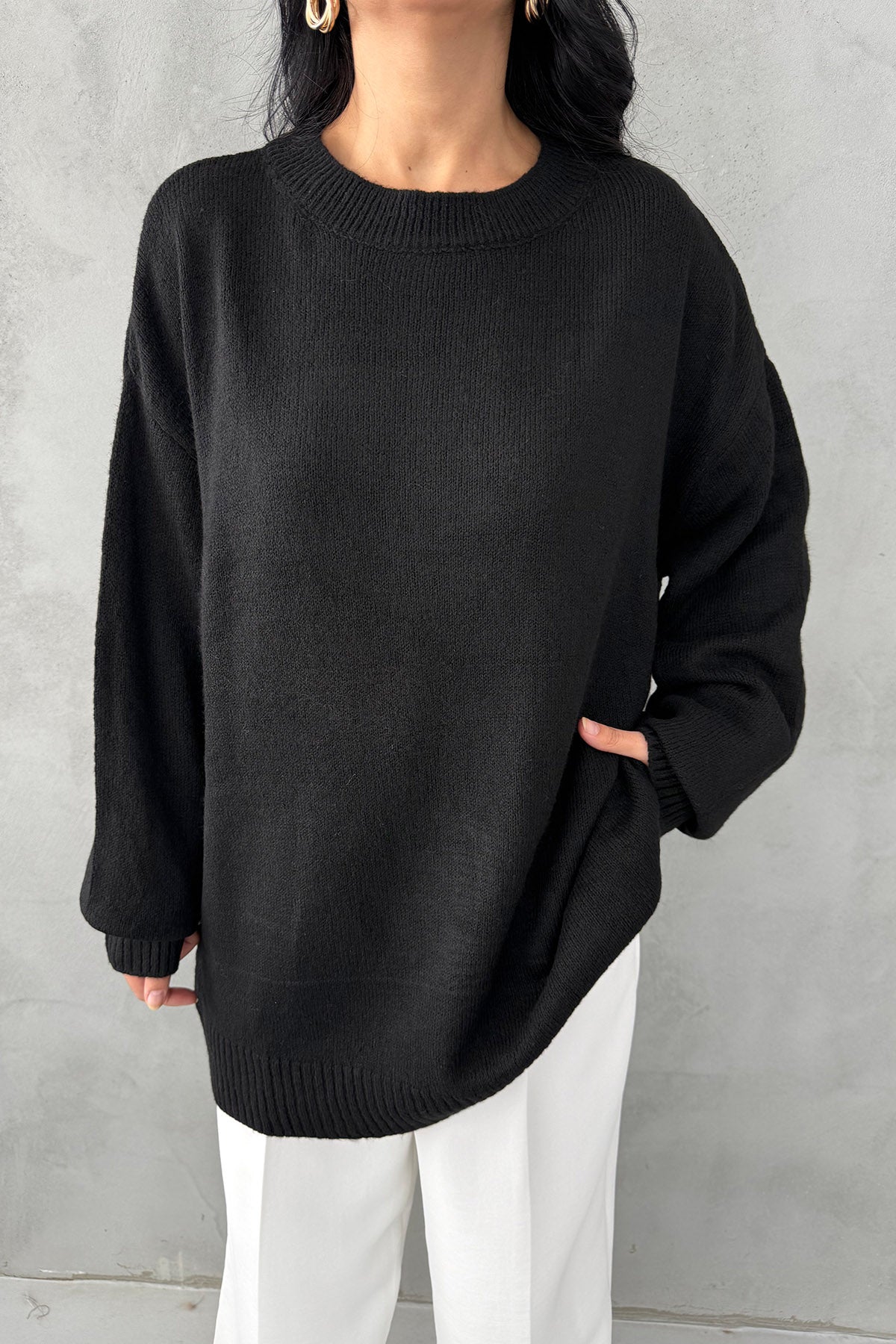 Siyah Bisiklet Yaka Lastikli Pinterest Triko Kazak SY-3368-Siyah