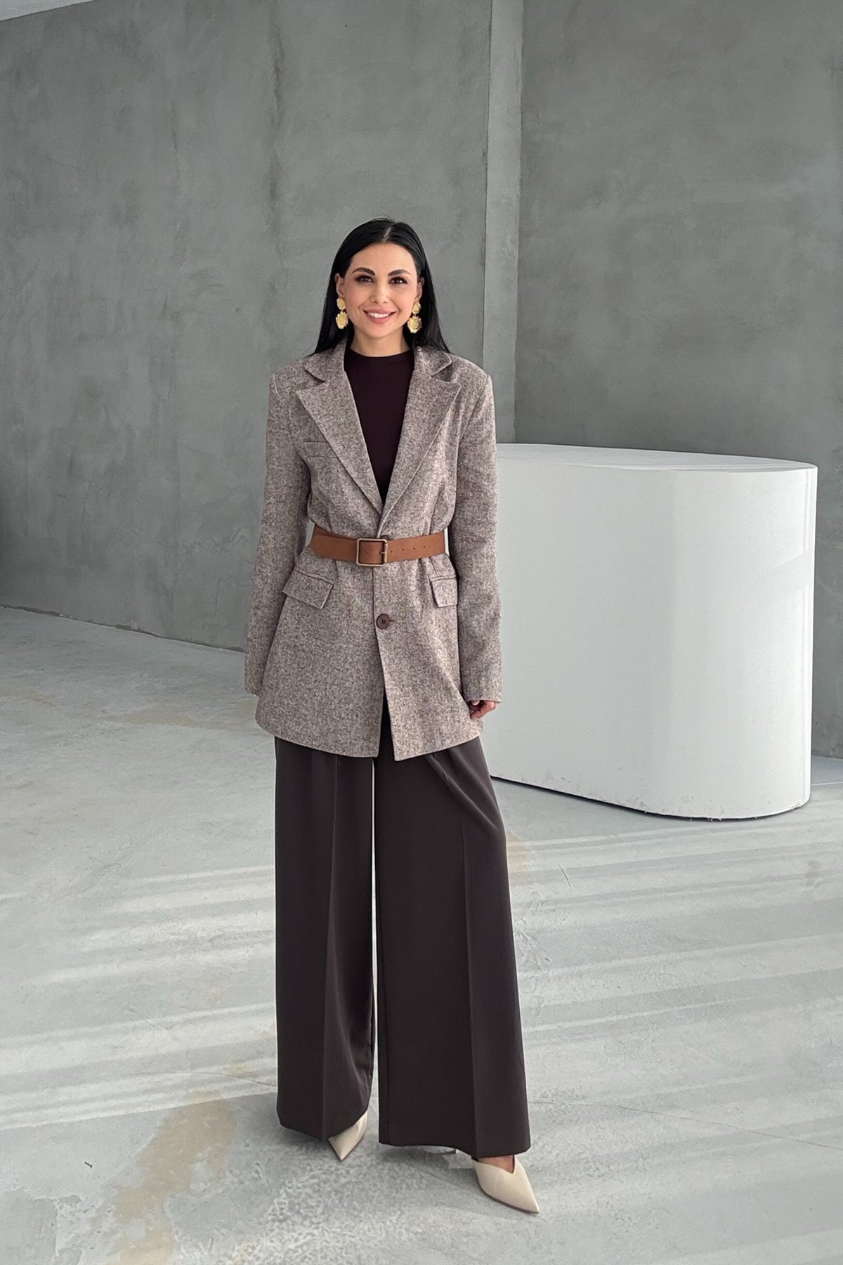 Vizon Kemerli Çift Düğmeli Oversize Ceket SY-3391-Vizon