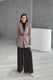 Vizon Kemerli Çift Düğmeli Oversize Ceket SY-3391-Vizon