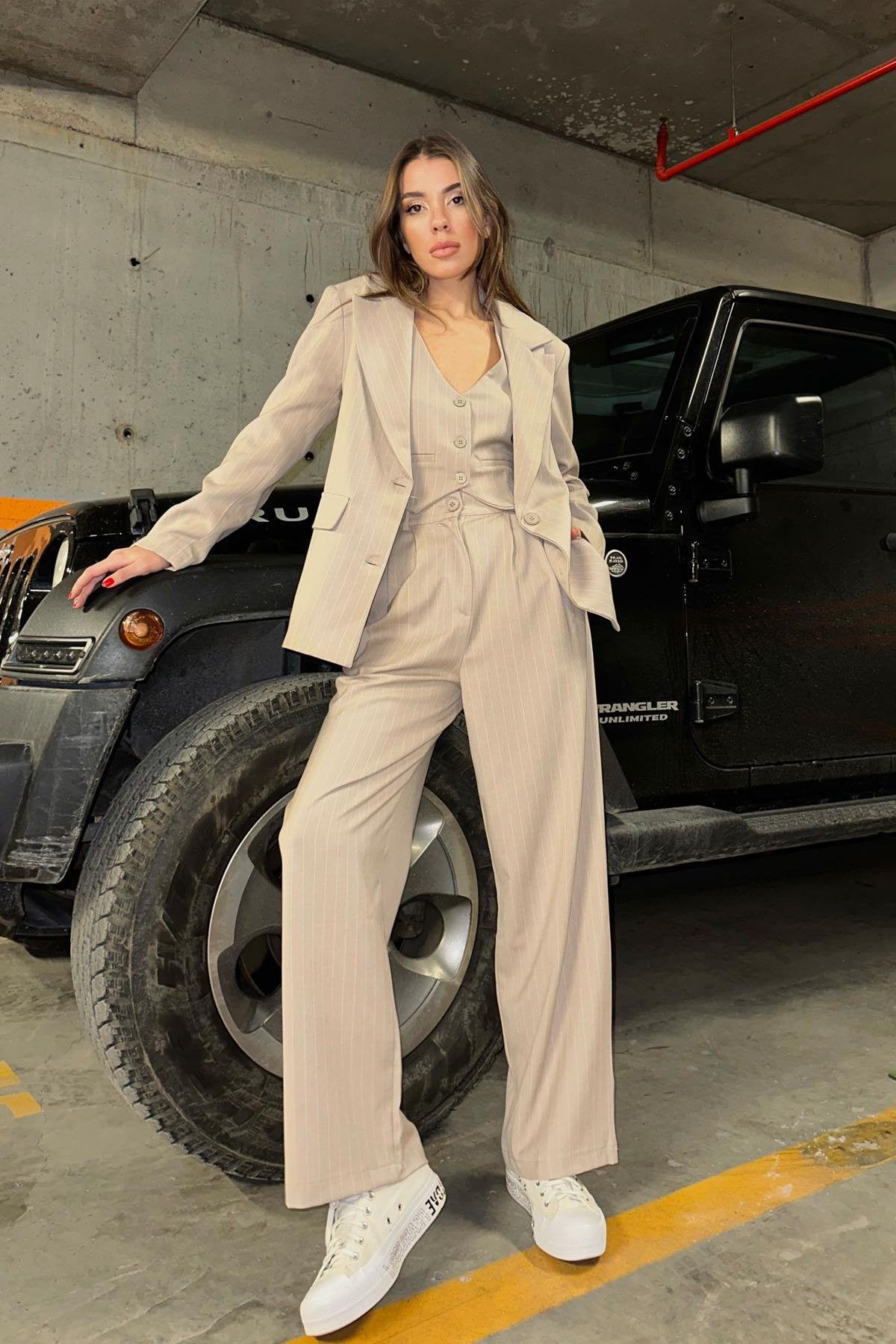 Premium Çizgili Bej Kadın Ceket SY-2877-Bej