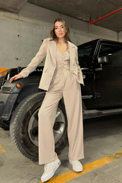 Premium Çizgili Bej Kadın Ceket SY-2877-Bej