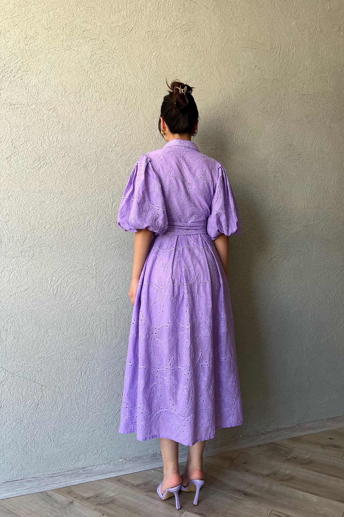 Lila Balon Kol Pile Detaylı Kemerli Brode Elbise SY-2084-Lila