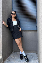 Siyah Fermuar Detaylı Bomber Ceket ve Etek Takım SY-0980-Siyah