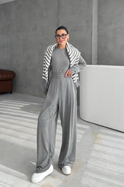 Gri Rahat Kesim Pile Detaylı Eşofman Alt Ve üst Takım SY-3435-Gri