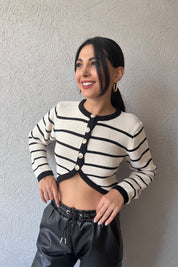 Ekru Düğmeli Asimetrik Çizgili Crop Hırka SY-1039-Ekru