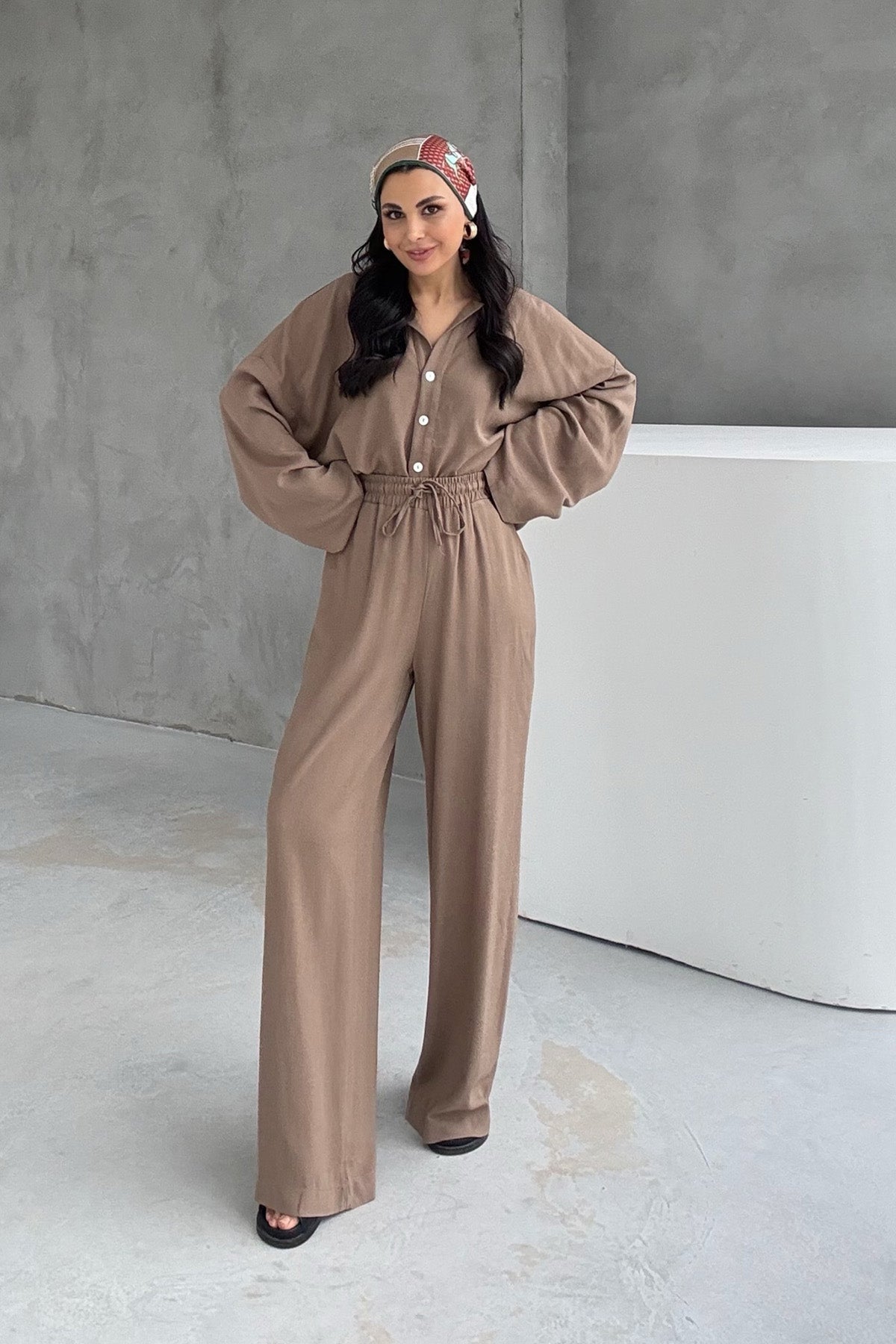 Kahverengi Keten Polo Yaka Gömlek Pantolon Takım SY-3118-Kahverengi
