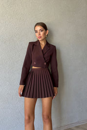 Acı Kahve Crop Ceket ve Piliseli Şort Etek Takım SY-0934-Acı Kahve