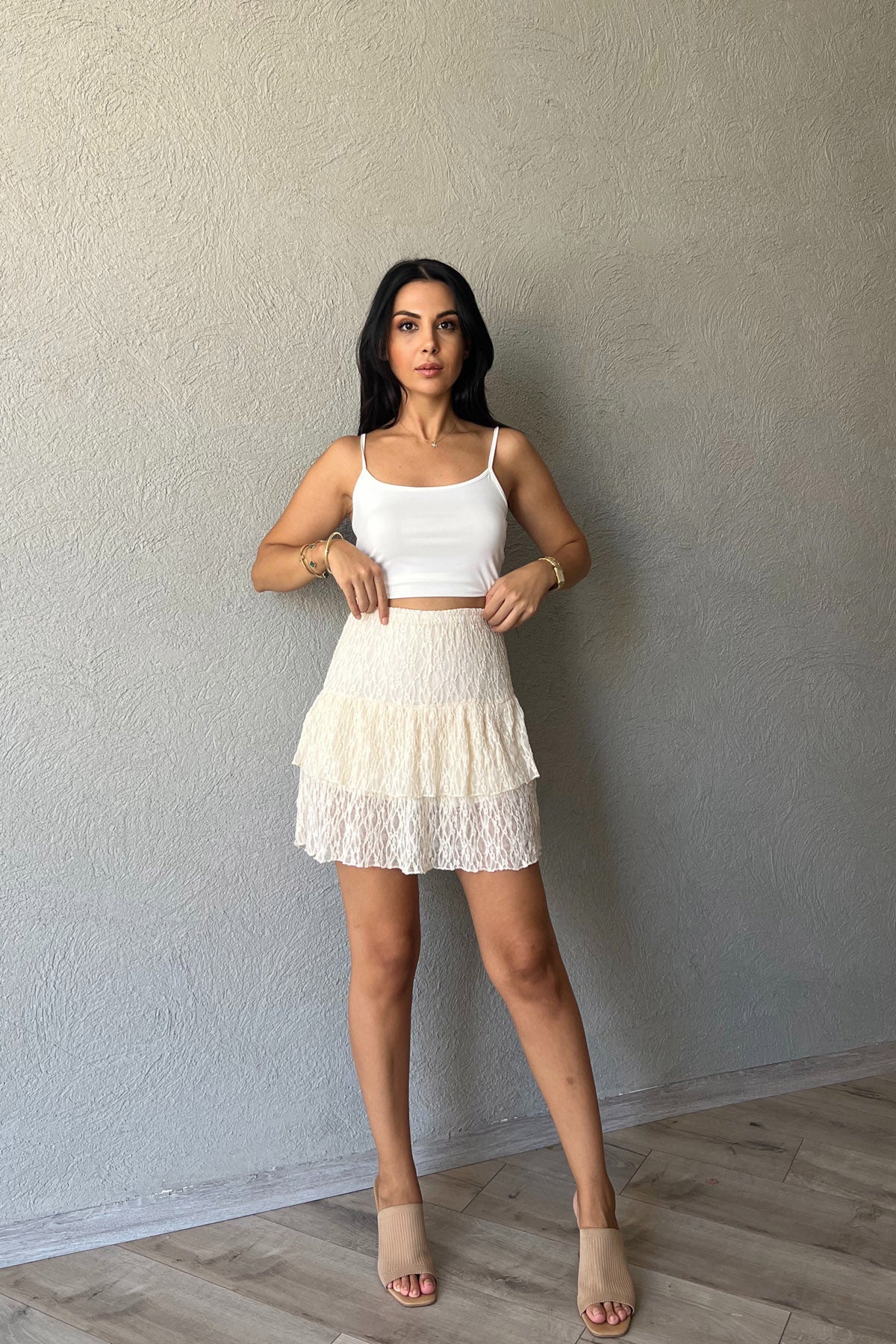 Krem Dantel Detaylı Mini Etek SY-2203-Krem