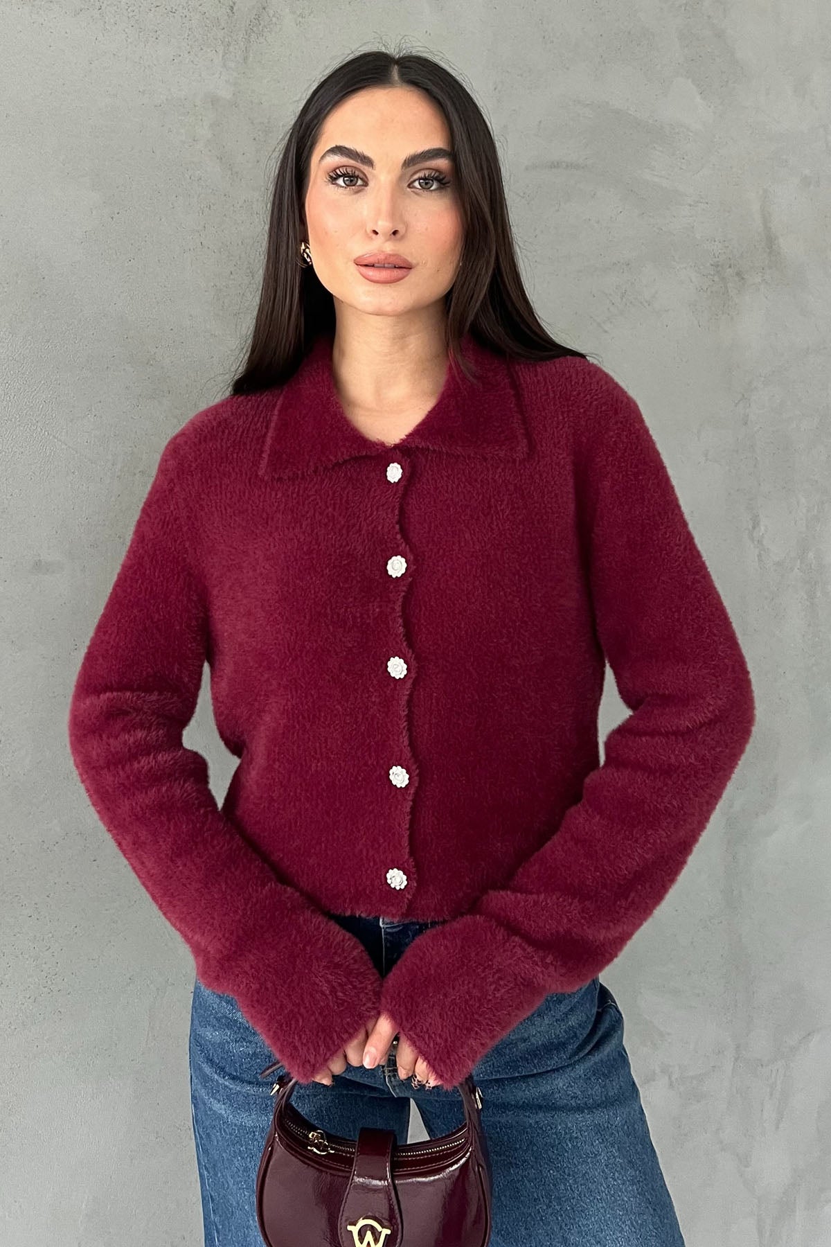 Bordo Çiçek Düğmeli Yumoş Hırka SY-2817-Bordo