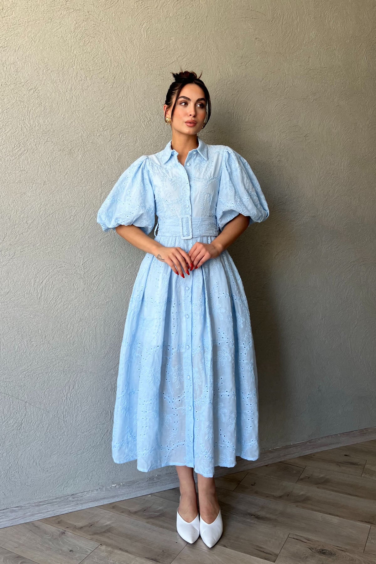 Mavi Balon Kol Pile Detaylı Kemerli Brode Elbise SY-2084-Mavi