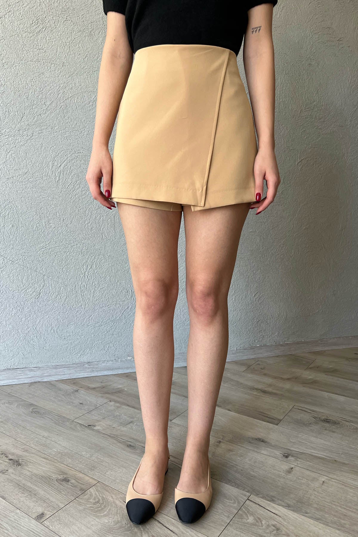 Koyu Bej Asimetrik Şort  Etek SY-1650-Koyu Bej