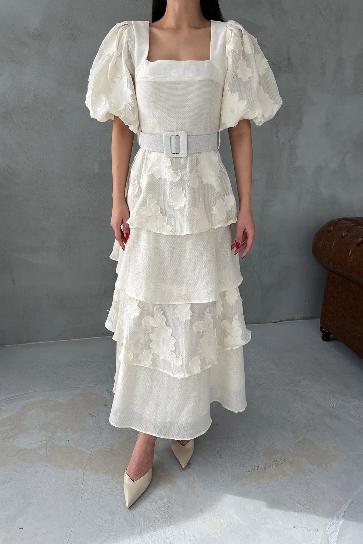 Bej Tasarım Kat Detaylı Pinterest Lipari Elbise (Kemersiz) SY-3375-Bej