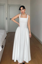 Beyaz Askılı Kare Yaka Paris Elbise SY-2980-Beyaz