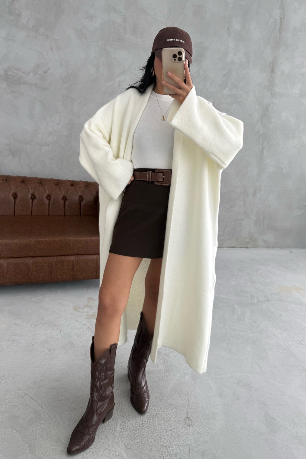 Salaş Uzun Ekru Triko Hırka SY-3420-Ekru