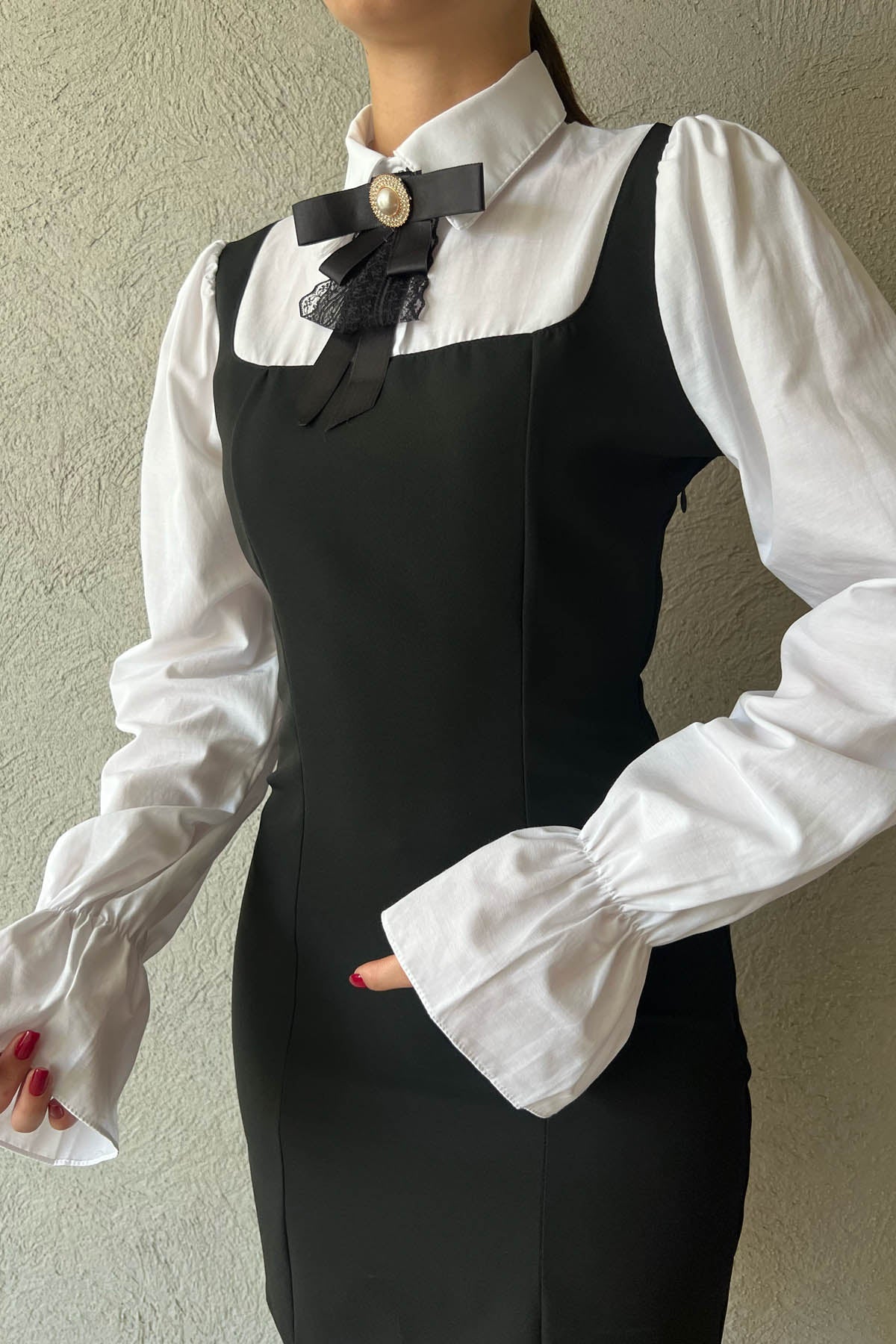 Siyah Vintage Gömlek Ve Toka Detaylı Kısa Elbise SY-1656-Siyah