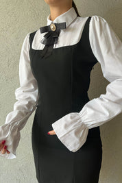 Siyah Vintage Gömlek Ve Toka Detaylı Kısa Elbise SY-1656-Siyah