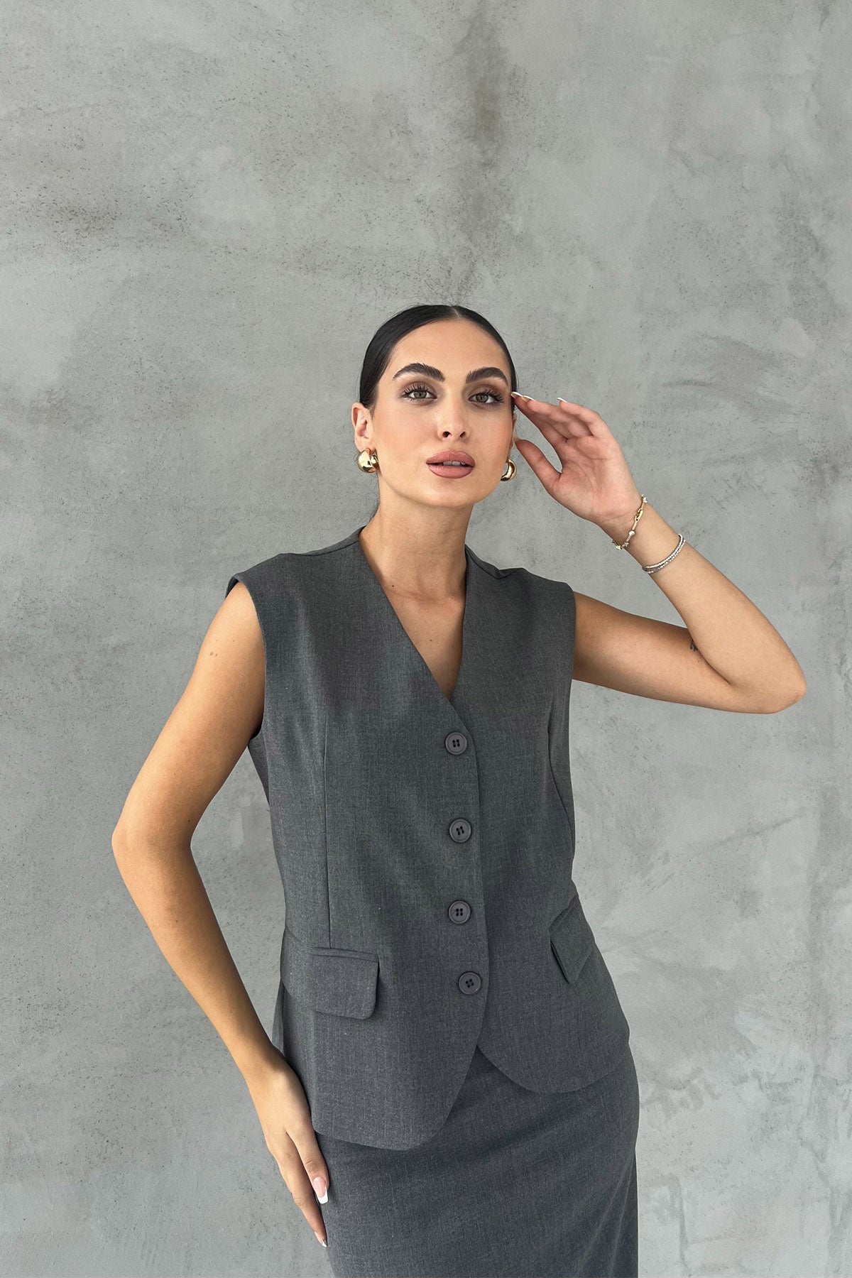 Antrasit Arkası Kısa Kemer Detaylı Yelek ve Yırtmaçlı Etek Takım SY-2482-Antrasit