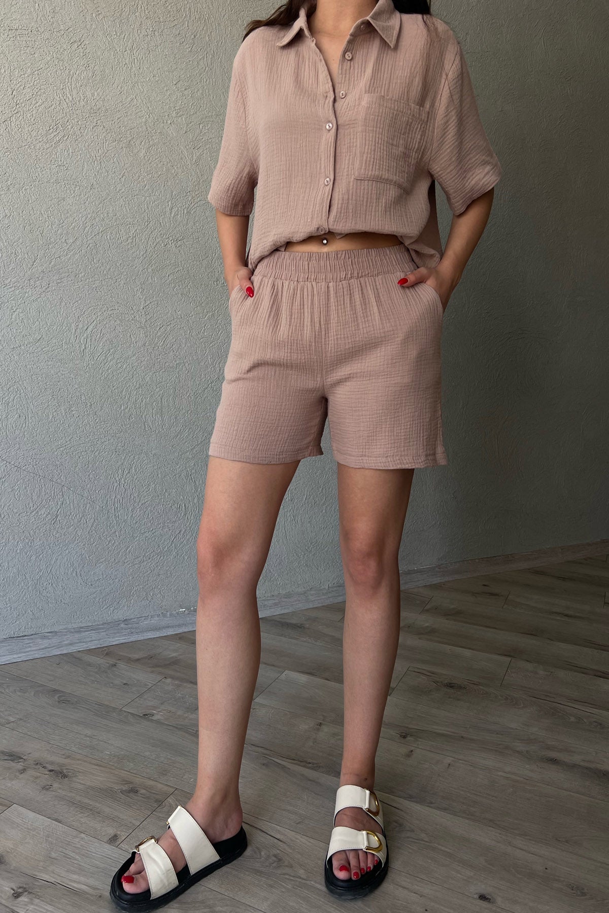 Vizon Kısa Kol Gömlek Şort Müslin Takım SY-2118-Vizon