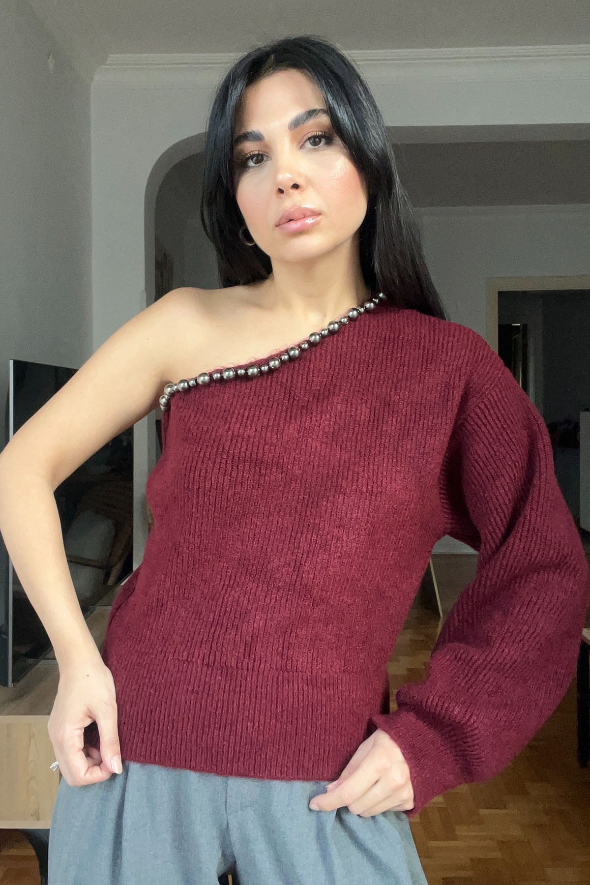 Bordo Tek Omuz Boncuk Detay Triko Kazak SY-2815-Bordo