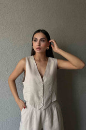 Taş Düğme Detaylı Keten Yelek SY-2094-Taş