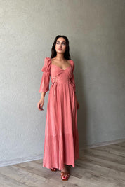 Gül Kurusu Düşük Kol Balenli  Gofre Kumaş Uzun Elbise SY-1779-Gül Kurusu