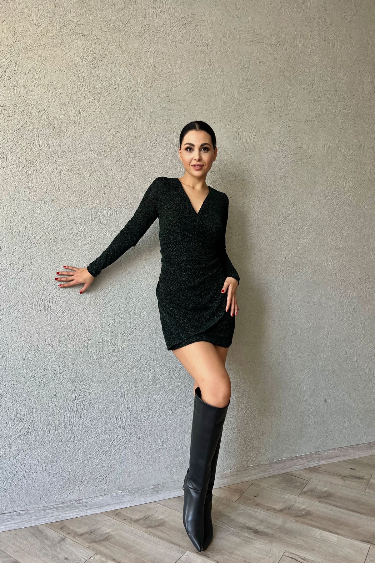 Yeşil Simli Kruvaze Elbise SY-1200-Yeşil