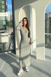 Gri V Yaka Yırtık Detaylı Triko Uzun Elbise SY-2527-Gri