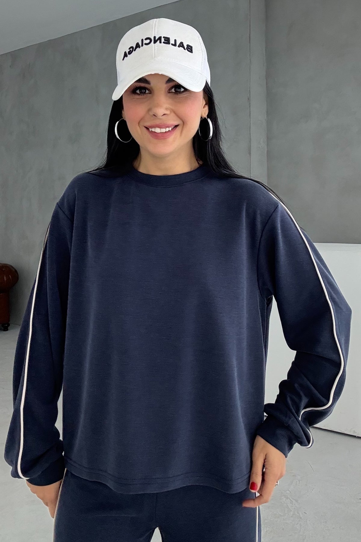 Orjinal Marka Bisiklet Yaka Çizgili Eşofman Takımı - Koyu Mavi SY-3421-Koyu Mavi