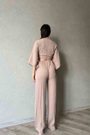 Vizon Bağlama Deyatlı Bluz Pantolon Keten Takım SY-2100-Vizon