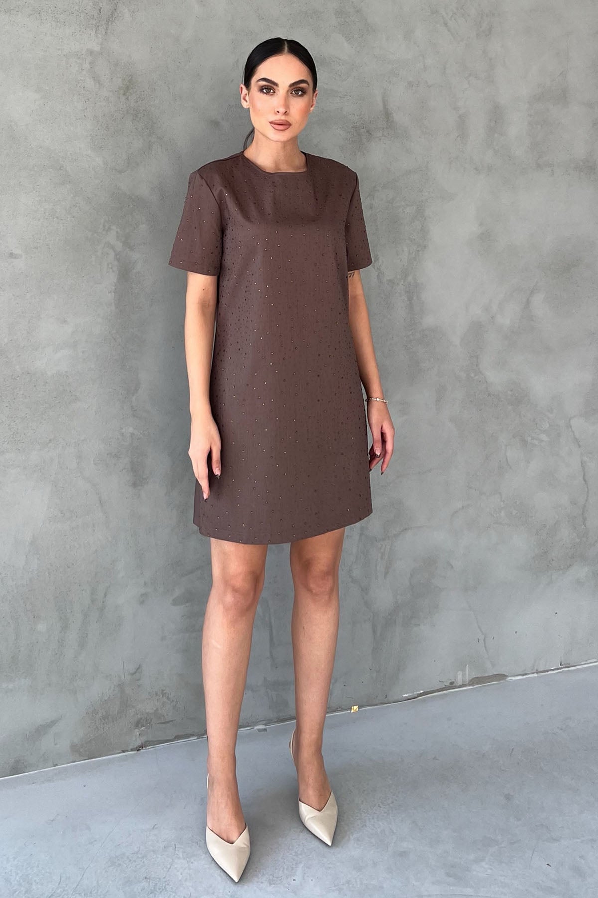 Kahve Taş Baskılı Kısa Kollu Elbise SY-2812-Kahve