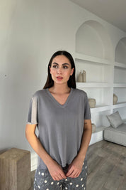 Gri V Yaka Kısa Kol Triko T-shırt SY-1731-Gri